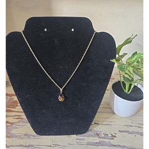 Vtg Gold Tigers Eye Pendant Necklace Natural Stone Teardrop Boho Gift for Her